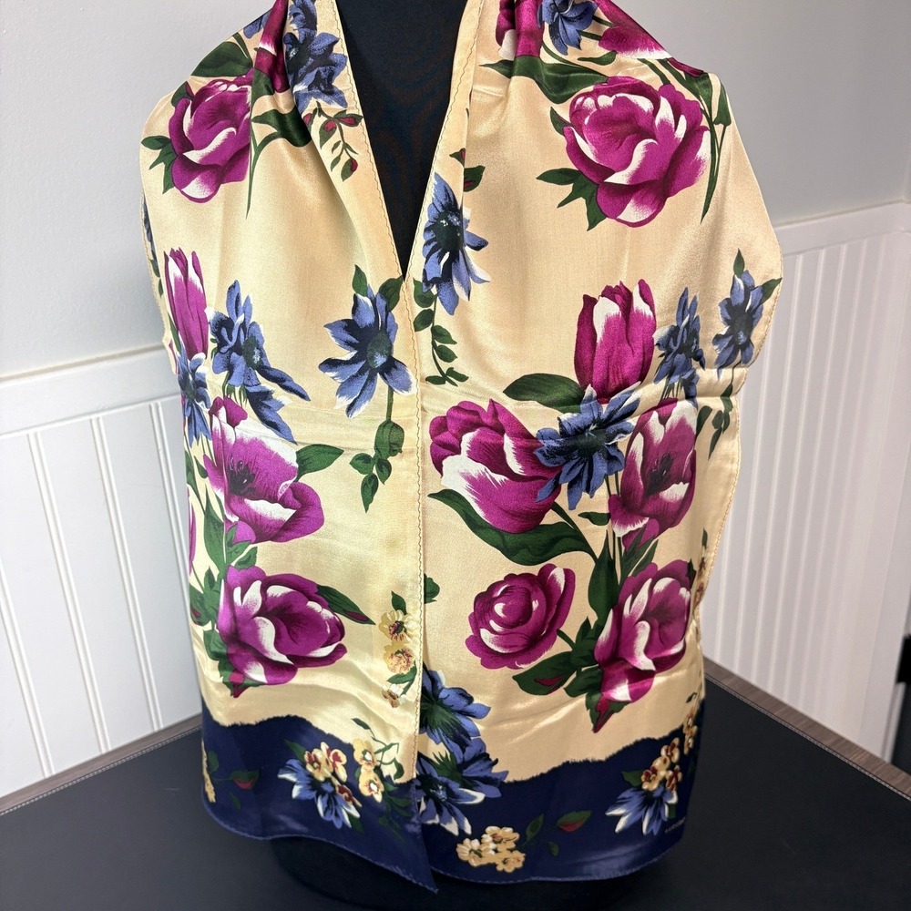 Liz Claiborne 100% Silk Scarf Floral Tulip Daisy Navy Cream Magenta 52x11